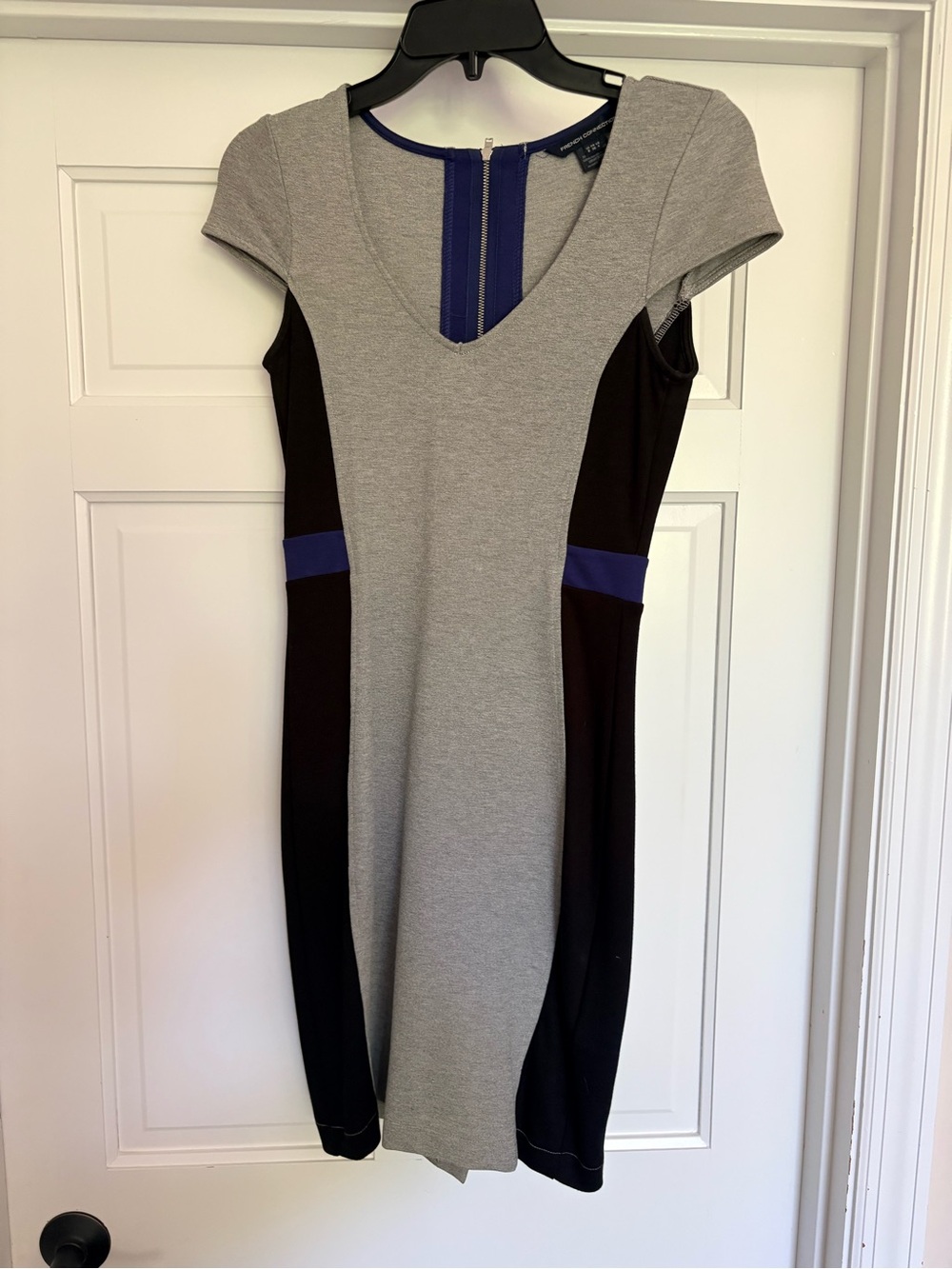 French Connection Gray, Black & Blue Panel Midi Dress
